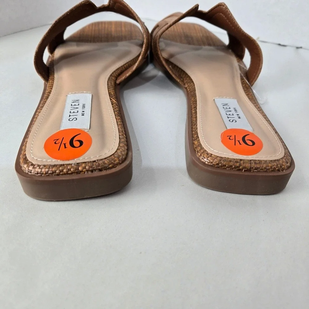 Steven‎ NY Size 9.5 Slide Sandals Brown Woven Raffia Square Toe H-Strap #1068